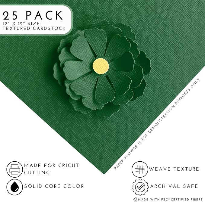 Forest Green—12x12 Textured Cardstock | 80lb Textured Green Scrapbook Paper | Premium Cardstock for Cricut Cutting | 25 Sheets