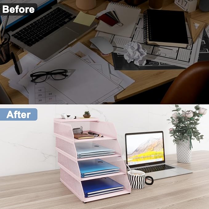 Natwind 4-Tier Stackable Metal Mesh Desk Paper Tray Organizer,Pink | Desktop Accessories for Office Supplies, Letter Tray For Paper Storage ,File Document Holder For Home School Classroom