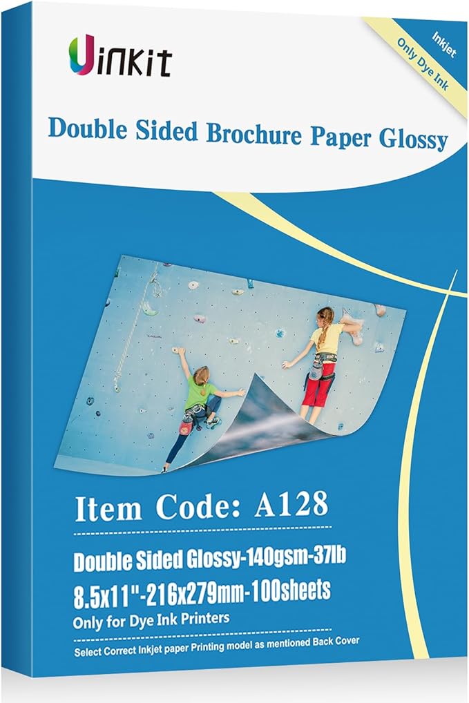 Uinkit 100 sheets Photo Paper Glossy Double Sided 8.5x11 Inkjet 37lb 140gsm Dye ink Thin Photo Picture Flyer Calendar Magazine CD Cover letter