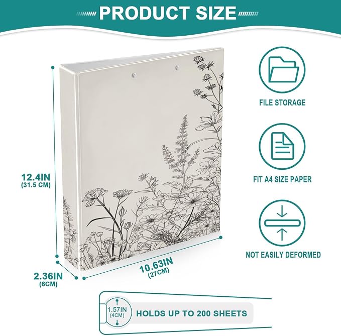 3 Ring Binder with Black and White Flowers Design - 1.5 Inch Heavy Duty Three-Ring Binder with 2 Pockets, Round Rings for Office Supplies (Letter Size)#648