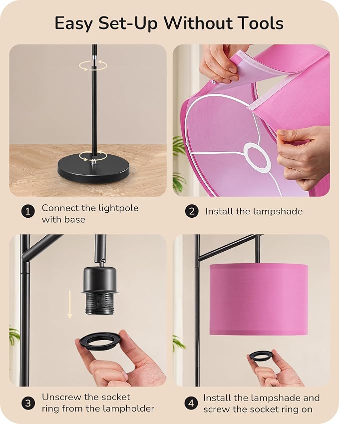 EDISHINE Pink Modern Floor Lamps for Living Room, 64.7" Arc Standing Lamp | 3CCT LED Bulb Included, Adjustable Linen Shade, Foot Switch, Tall Light for Office, Bedroom, Living Room