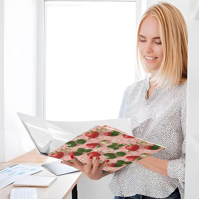 Flower Strawberry Printed 3-Ring Binder for School Office, 1.5 Inch Round Ring Binder for Home Recipe Budget Aesthetic Binder with Pocket Metal Non-Slip Clip Holds 200 Sheets of Paper