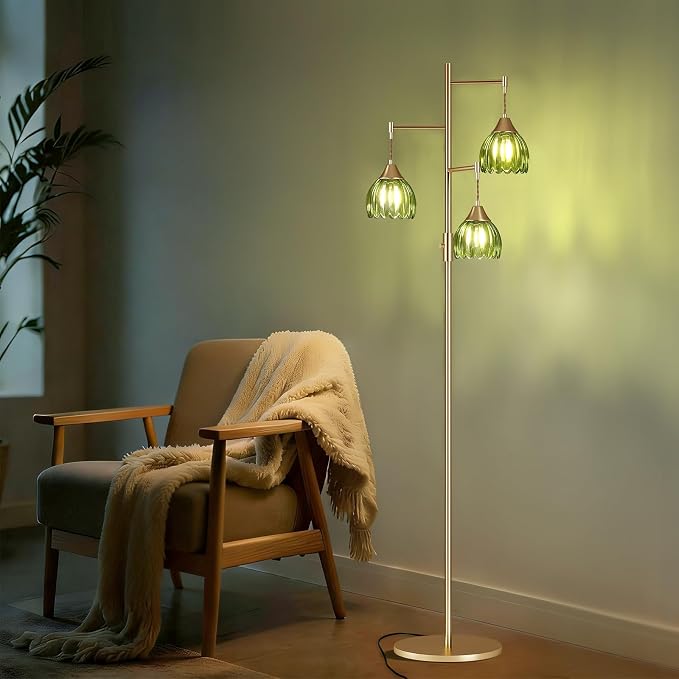 Shenmoyl Stepless Dimming Floor Lamps for Living Room, Bedroom, Gold Standing Lamp with 3pcs 6W Bulbs, Vintage Brass Floor Lamp for Corner, Nursery (Green Tulip)