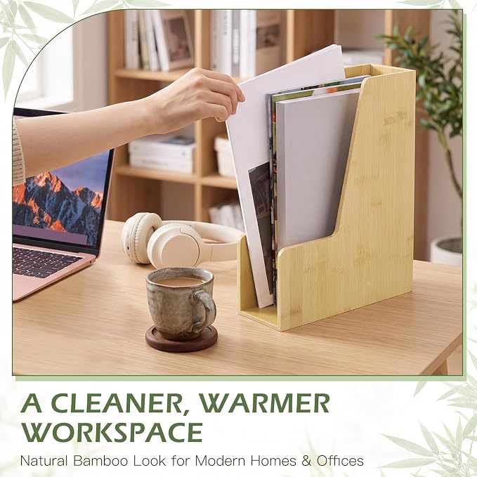 Novabright 2 Pack Bamboo Vertical Magazine File Holder, Desk Holder ＆ Storage Bins Holding for Magazines, Binders, Notebooks, Envelopes, Folders, Multi-purpose Wood Document Organizer for Home Office