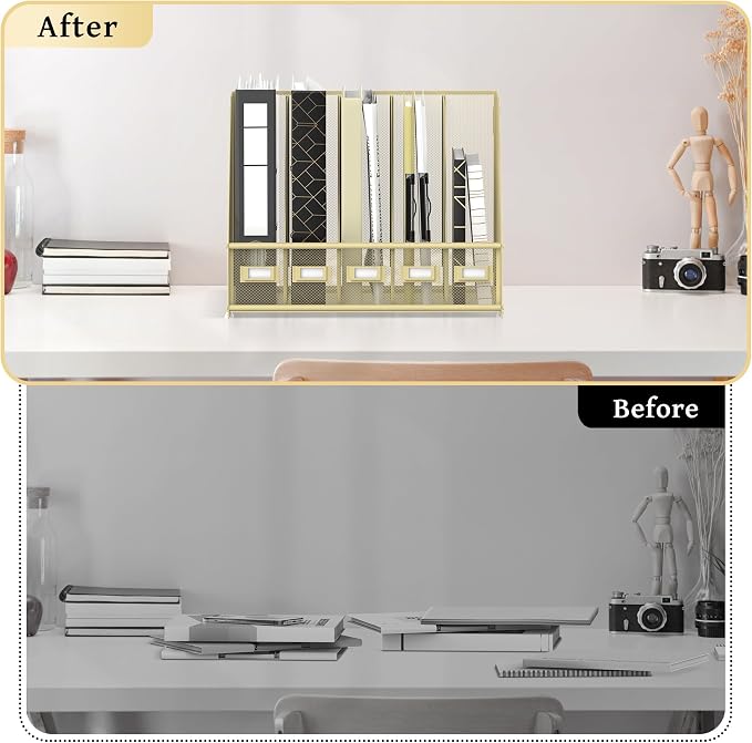 Desk Organizers Metal Desk Magazine File Holder with 5 Vertical Compartments Rack File Organizer for Office Desktop, Classroom, Home Workspace, Golden Yellow, Plus