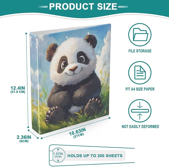 3 Ring Binder Panda in Grass 1.5" Round Ring Binders View Binder with 200 Sheet for Kids School Supplies Women Men Office, 1 Pack