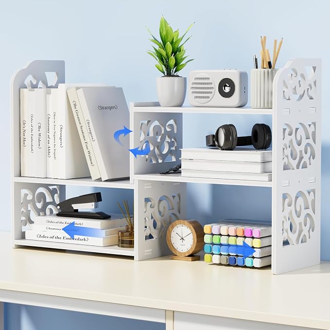 YGYQZ Adjustable Desktop Shelf Organizer, 3-Tier Expandable Desk Shelf, White Pattern