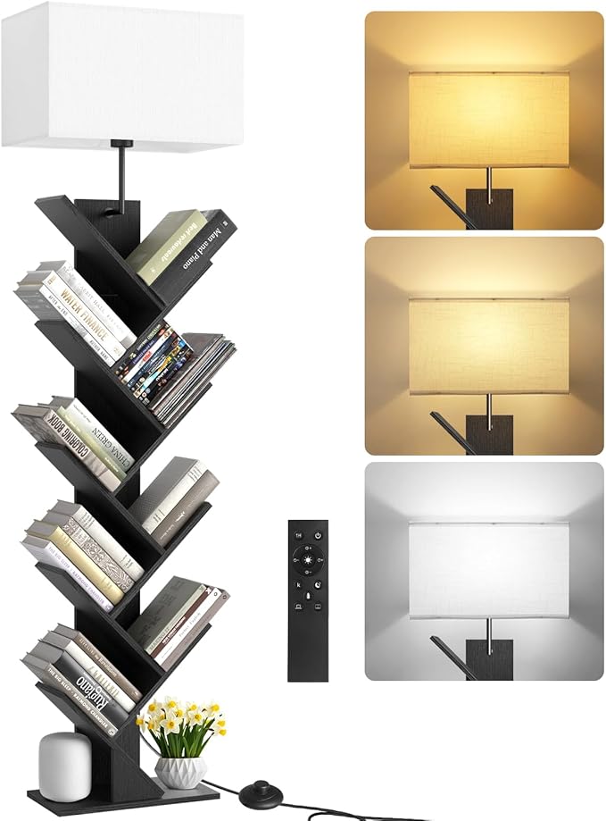 9 Tier Tree Bookshelf with Light, Remote & Timer, Dimmable Tall Floor Book Shelf, Narrow Wood Bookcase, Small Book Organizer Shelves for Living Room, Bedroom, Home Office (Black)