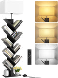 9 Tier Tree Bookshelf with Light, Remote & Timer, Dimmable Tall Floor Book Shelf, Narrow Wood Bookcase, Small Book Organizer Shelves for Living Room, Bedroom, Home Office (Black)