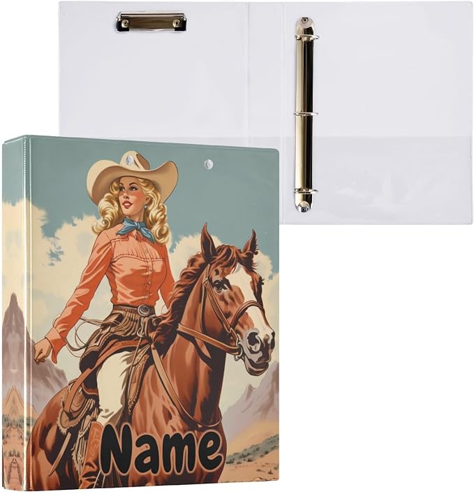 Custom 3 Ring Binder Cowgirl Cowboy Horse View 1.5" Round Ring Binders Personalized Name View Binder with 200 Sheet for Kids School Supplies Women Men Office, 1 Pack