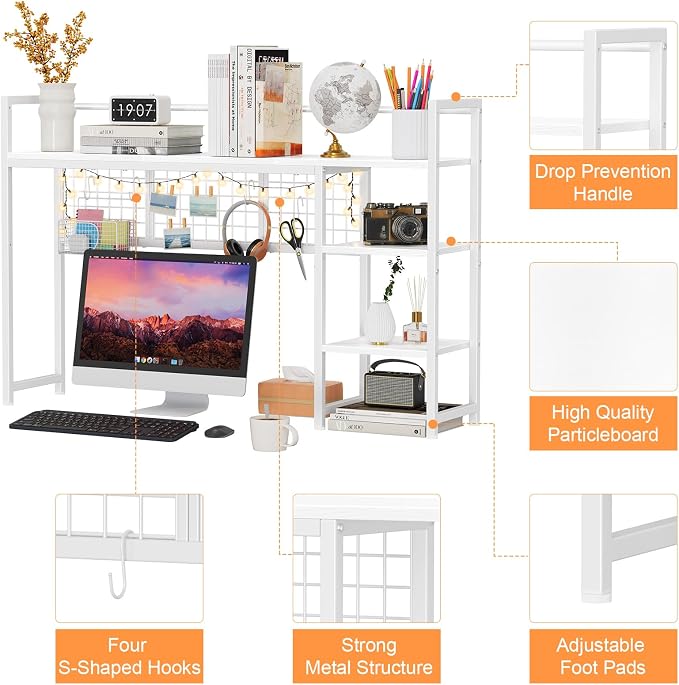 Snughome Desk Shelf, 44.9" Desktop Organizer Shelf, Desk Hutch for Computer Monitor, 4 Tier Desk Display Rack with Pegboard Hooks Set, Wood Desktop Bookshelf for Home Office Dorm