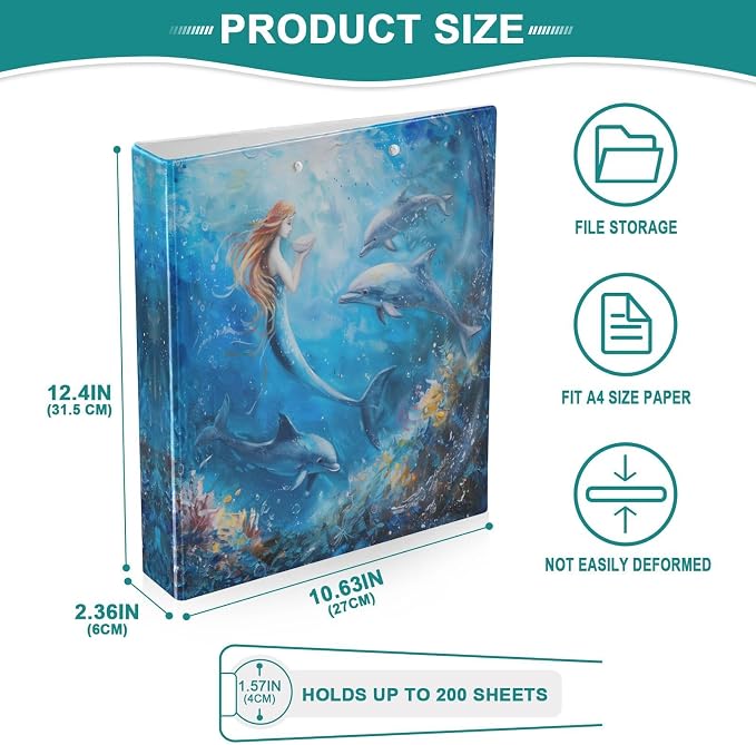 3 Ring Binder Ocean Mermaid Dolphin 1.5 Inch Three Ring Binder | Cute Binder with 3 Storage Pockets for Women School Office Supplies