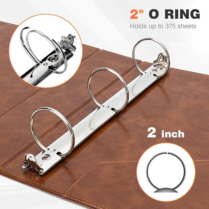 Eyrozill Professional Leather Portfolio with Clipboard, Zipper Pouch, 5 Sheets Plastic Dividers，Leather 3 Ring Binder 8.5 x 11, 2-inch Round Rings, Brown