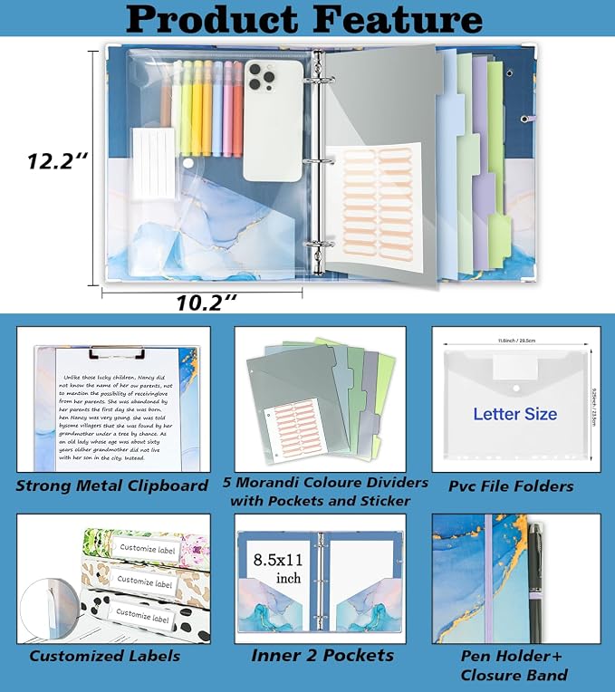 3 Ring 1 Inch Binder Organizer, KLLVE Three Ring Binders with Clipboard, 5-Tabs Pockets Dividers, Plastic Folder, 18 Divider Stikers,Pen Loop (Blue Marble, Letter Size)