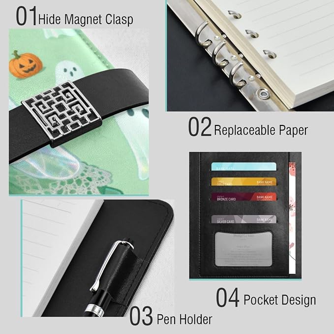 Halloween Ghost Tea Party A5 Binder 6 Ring Refillable PU Leather Notebook Journal with Magnetic Buckle Closure Loose Leaf Travel Office Planner Budget Binder Notepad Portfolio, Cute