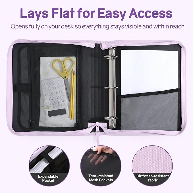 SUNEE Zippered Binder Bag with Handle, 2-Inch 3-Ring O-Ring, 500-Sheet Capacity, Includes Zip Pocket, 5-Tab Expanding File Folder, Multi-Pocket Organizer Binder for Middle School, Lavender Purple