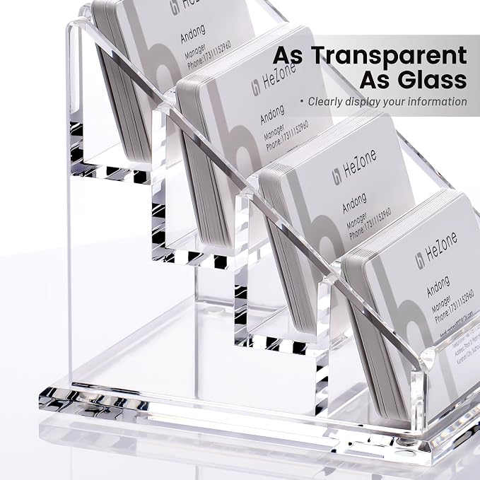 HeZone Acrylic Card Holder Clear Horizontal Business Card Organizer Stand for Desk 4 Slots 4 Tier Business Cards Stand for Women and Men,Office Desk Accessories,Organize 200 Cards-1 Pack(4Slots-H)