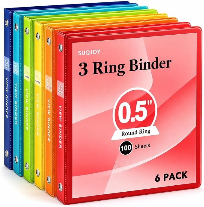 SUQJOY 0.5 Inch 3 Ring Binders with 2 Interior Pockets, 6 Pack Assorted Rainbow Colors, Durable 1/2 In Binders for US Letter Size 8.5 x 11 Inches Paper, Ideal for School, Office, and Home Organization