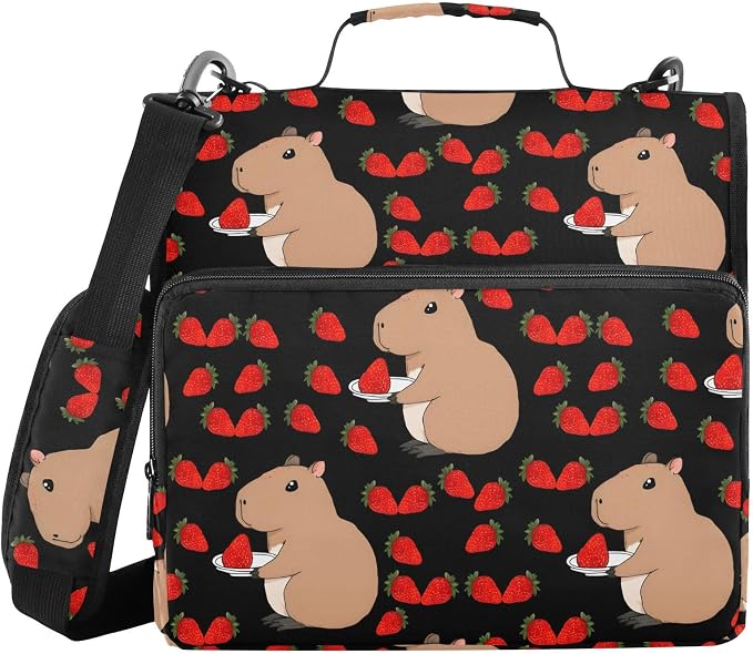Capybara Strawberry Black 3 Ring Binder Bag 1.5 inch Binder Organizer with Zipper Shoulder Strap 500 Sheet Documents Storage for School Office