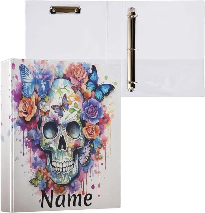 Custom 3 Ring Binder Skull Flowers Butterflies 1.5" Round Ring Binders Personalized Name View Binder with 200 Sheet for Women Men Office Kids School Supplies, 1 Pack
