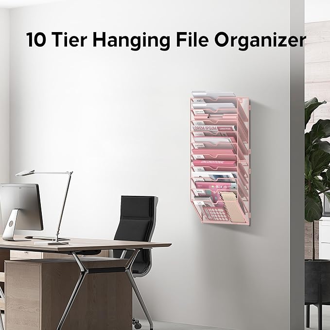 10-Tier Wall File Organizer and Hanging File Organizer, Pink | Wall Organizer and Wall Mounted File Holder with 10 Pockets and Label Panels for Files, Mail, Folders, Magazines and Paper