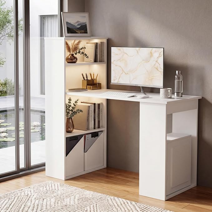 Tangkula White Computer Desk with Bookshelf, Writing Study Desk with Storage Shelves & CPU Stand, Modern Compact Computer Workstation for Home & Office, Space-Saving Design | Modern Compact Workstation w/Bookshelf Storage & CPU Stand, Space-Saving Desi...