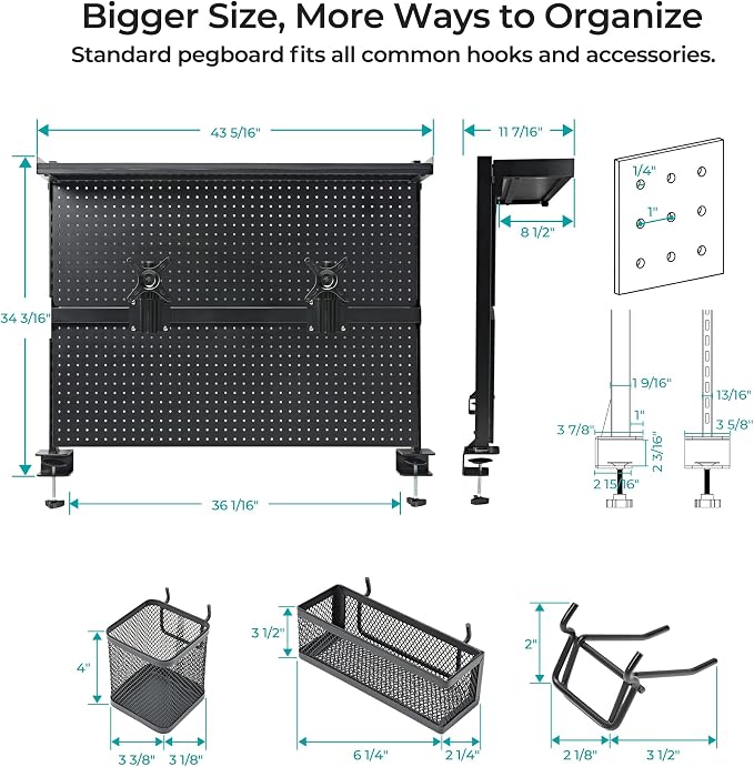 EUREKA ERGONOMIC Desk Pegboard Dual Monitor Stand 43x34 Black | Steel pegboard with dual monitor stands, privacy panel and 4 modular accessories for organized gaming and office setups