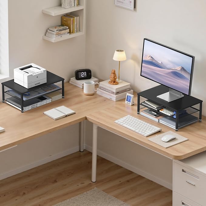ECOLOVI 2-Tier Computer Monitor Stand Riser, Printer & Laptop Stand, Office Desk Accessories, Workspace Desk Organizer for Home Office Supplies, Black 2-Pack