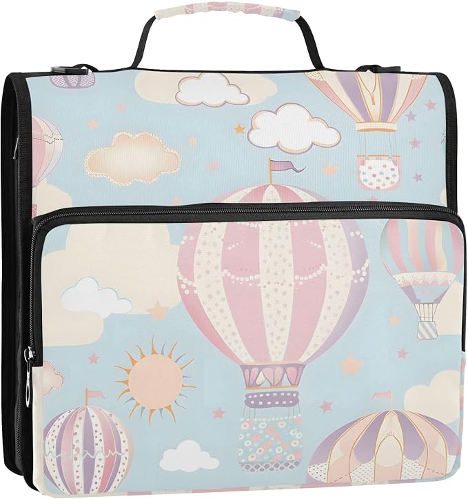 Hot Air Balloon Zipper Binder Bag 3 Ring Binder with Shoulder Strap Zip Up 500 Sheets Capacity Multi Pockets for School Office Supplies