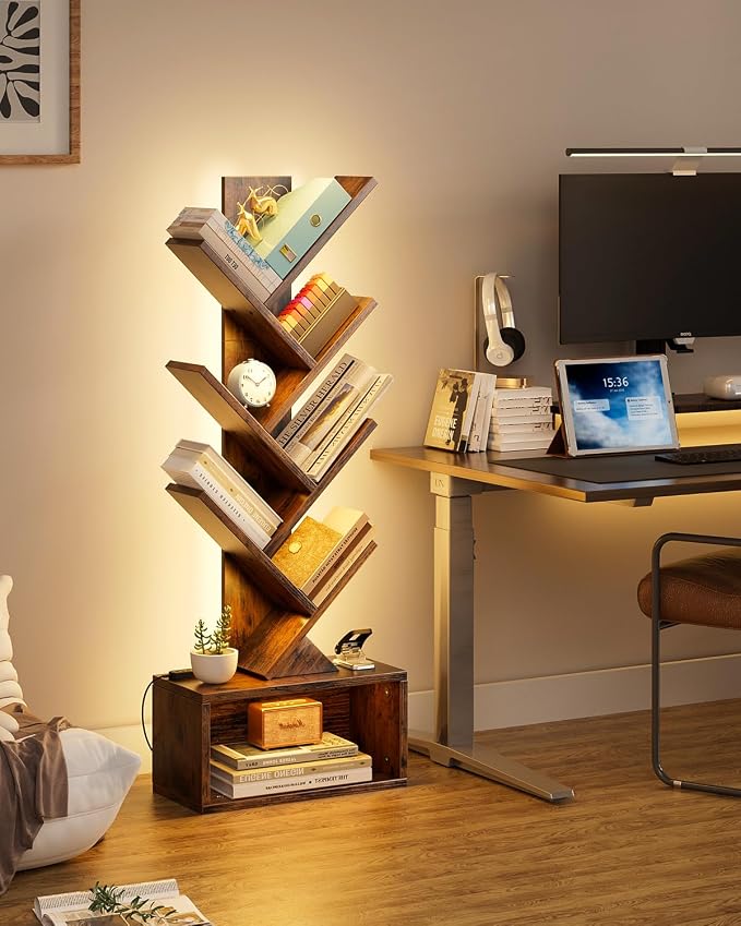 Evermagin 6 Tier Tree Bookshelf with Lights, LED Book Tree Bookcase | Rustic Brown with Storage Organizer, Small Corner Bookshelf Floor Standing Book Shelf for Living Room, Bedroom & Home Office