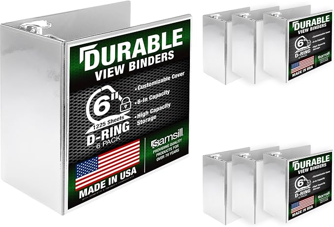 Samsill Durable 6 inch 3 Ring Binder, Locking D Ring Binder, Customizable Clear View Cover, White, 6-Pack, Holds 1225 Pages