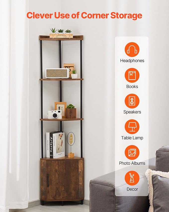 VEVOR 5 Tier Corner Shelf with LED Light, 65.4" Tall Corner Bookshelf with Storage Cabinet, Display Shelf with Multi-Color Lights Controlled Via RC/APP for Bedroom, Living Room, Office