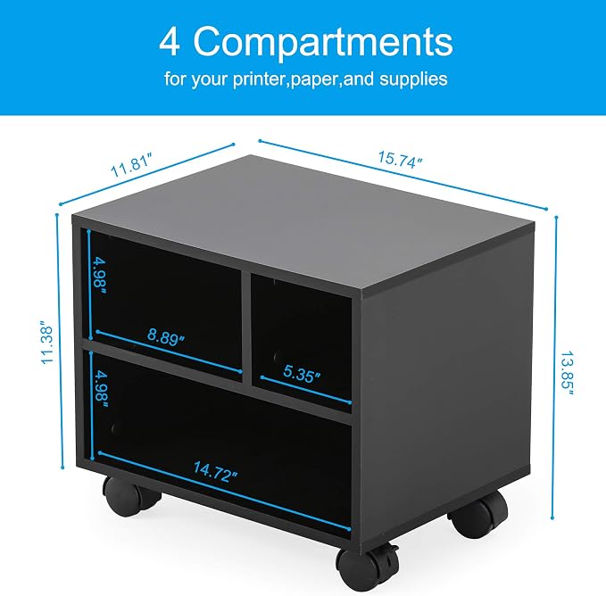 FITUEYES Mobile Printer Stand with Storage, Wood Small Printer Table, Black | Under Desk Rolling Work Cart with Wheels and 3 Compartment Organizer Spaces for Home Office, 15.7 x 11.8 x 13.8