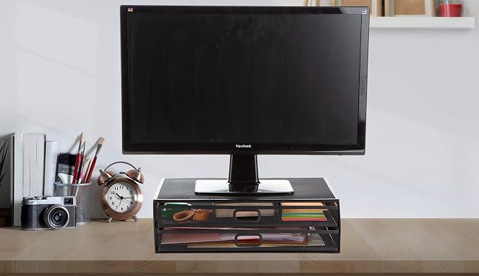 Mind Reader Monitor Stand, Ventilated Laptop Riser, Storage Drawer, Office, Metal Mesh, Black