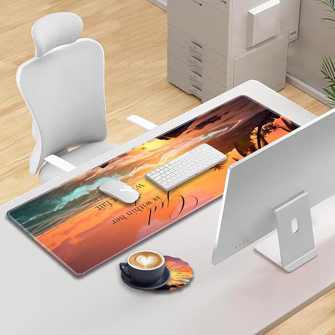 Extended Gaming Mouse Pad 31.5" x 11.8", with Edge Stitching, Non-Slip Rubber Base Keyboard Pad, Suitable for Work, Game, Office, Home and Coasters, Palm Trees Beach