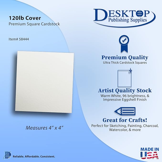 White Cardstock Squares 4" x 4" Eggshell Finish 120lb Cover - 40 Pack | Artist Quality Ultra-Thick (325gsm) Stock For Spin Art Refills, Drawing, Watercolor, Charcoal, Mixed Media, And Crafts