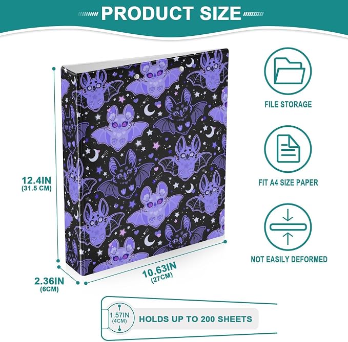 Black Purple Moon Bat Binder 1.5 Inch Binder with Clipboard&Pockets, Cartoon Goth Bats Hardcover Binders 3 Ring Heavy Duty Large File Folder for Office School Supplies-Holds 200 Sheets, 2 PC