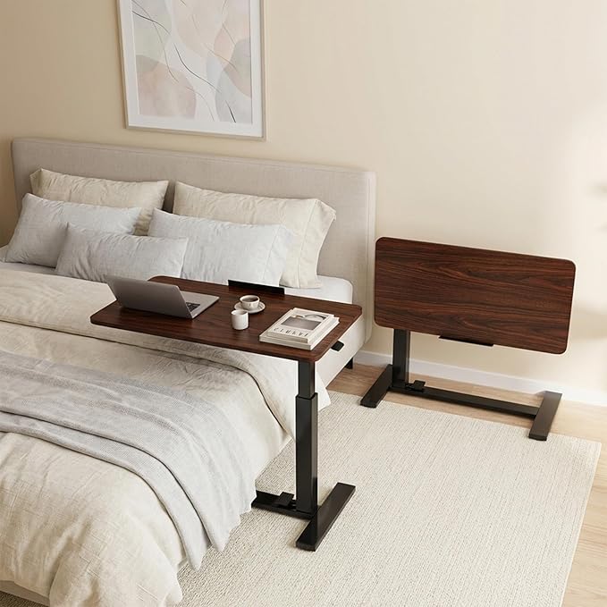 DUMOS Rolling Desk, Laptop Desk, Overbed Table with Wheels | Mobile Overbed Bedside, Portable Computer Workstation, Bed Sofa Couch, Adjustable Height, Chocolate