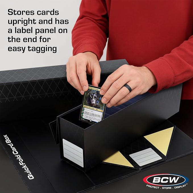 BCW QuickFold Card Boxes for Toploaders and Magnetics, Magnetic Lid, 3 Pack | Each box holds 225 toploaders or 50 magnetic holders, with quick assembly, a secure magnetic lid, and end labeling.