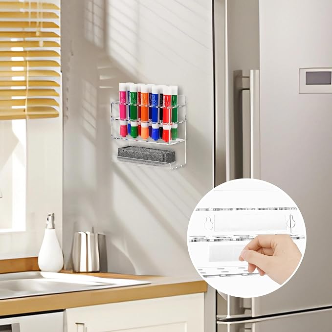 Dry Erase Marker Holder, Wall Mounted Acrylic Marker Holder with 10 Slots, Sticky Pen Storage for Classroom Organization, Office, Whiteboard, Desk Locker Organizer Accessories, Clear