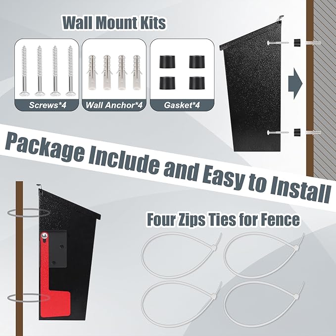 KYODOLED Wall Mount Mailboxes for Outside with Flag and Number Stickers, Galvanized Steel Rust-Proof Metal Post Box, Large Capacity Mail Box for House,15.7"x9.9"x4.9" Black
