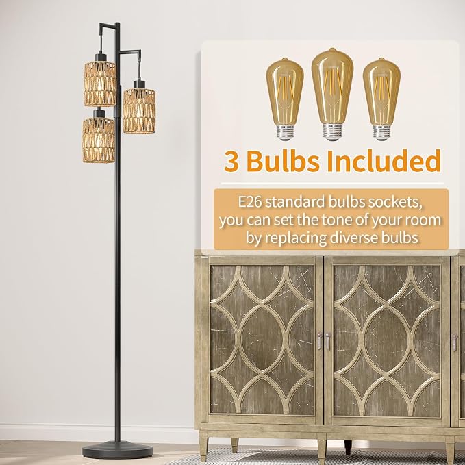 70" Floor Lamps for Living Room, Stepless Dimmable Boho Floor Lamp with 3 Bulbs, Tall Farmhouse Industrial Corner Standing Tree Lamp for Bedroom, Office, Study Room, Dining Room, Black
