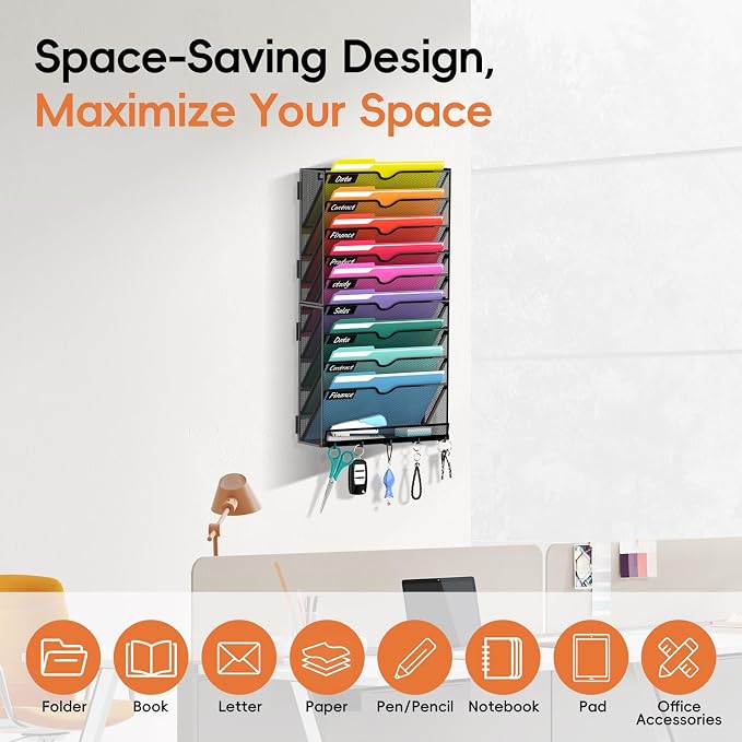 10-Tier Wall File Organizer with Hook, Hanging File Organizer Black | Wall-mounted mail storage holds papers, folders, files, clipboards and magazines, assembly required for office or home use.