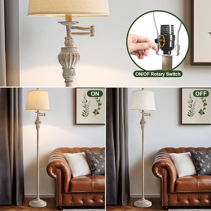 Vintage Floor Lamp with 350° Adjustable Swing Arm 61" Lamps for Living Room | Antique Standing Lamp, Retro White Bedroom Floor Lamp, Mid Century Farmhouse Rustic Traditional Brass Tall Swivel Pole Lamp