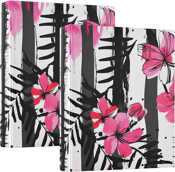 3 Ring Binder Stripes Black White Tropical Pink Flower 1.5 inch Binders Three Ring Binders with Clipboard Fit 8.5'' x 11'' Paper 3 Interior PVC Clear Pockets for Office Supplies