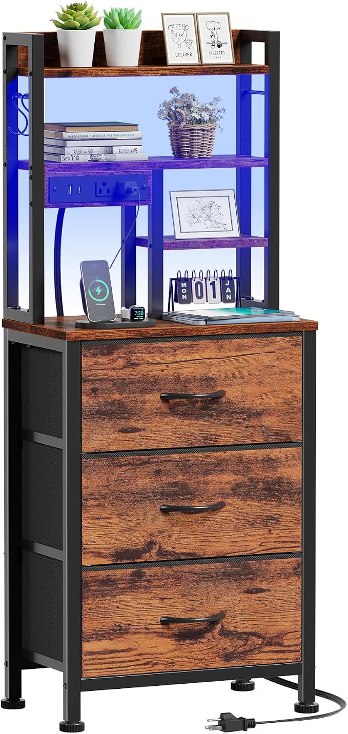 Tall Nightstand, 45.3" Bedside Table & End Table, 3 Fabric Drawers | RGB LED Lights & USB Ports & type-C, App + Key Control, 4-Tier Storage Shelves, Night Stand for Bedroom/Dorm/Office