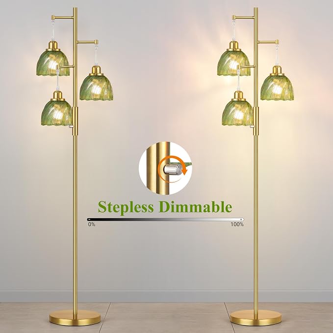 ROTTOGOON Dimmable Gold Floor Lamps for Living Room, Vintage Tree Standing Lamp with Glass Shades, 3 Light Mid Century Flower Floor Lamps for Bedroom, Office, 6W, Brushed Gold & Green Shades