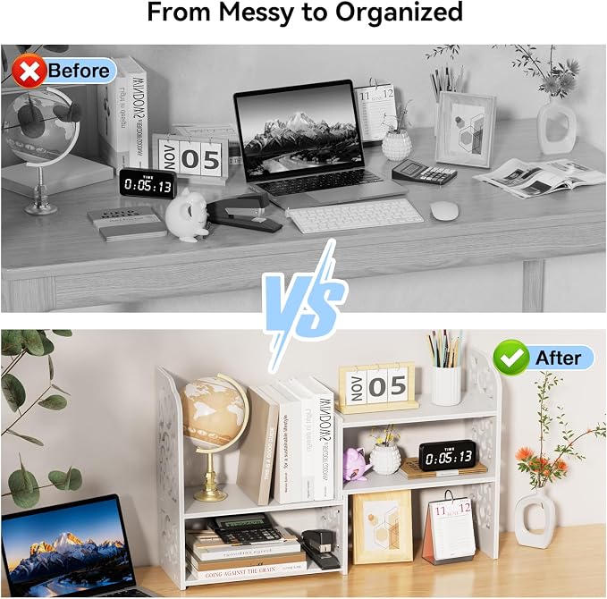 YGYQZ Adjustable Desktop Shelf Organizer, 3-Tier Expandable Desk Shelf, White Pattern