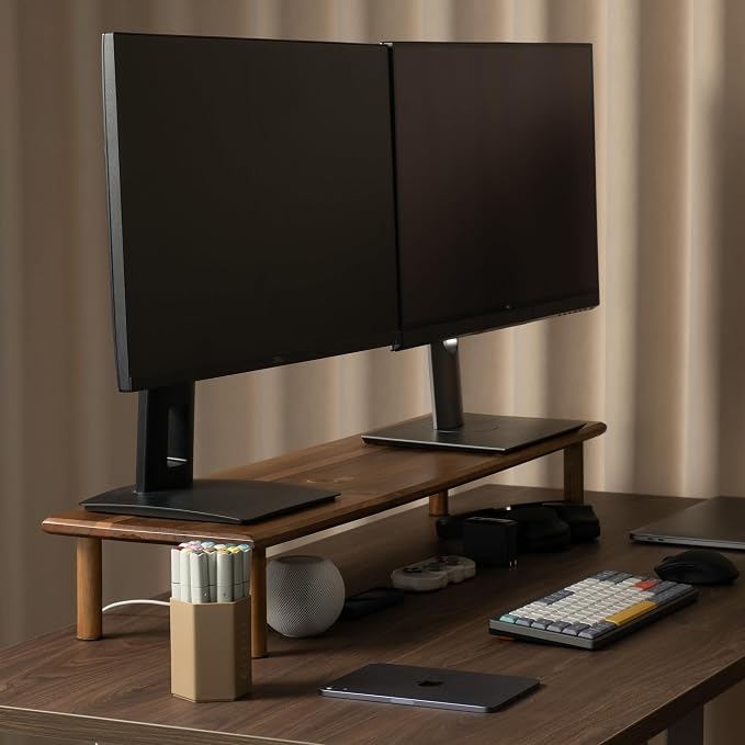 Dual Monitor Stand Riser, Acacia Wood Desktop Shelf with Storage | 39.37-Inch Wide, Under-Shelf Storage for Keyboard, Mouse and Laptop, Fits Two 24-Inch Monitors in Home Office