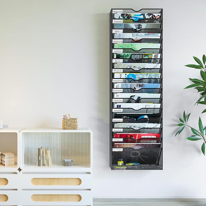 Hanging Wall File Organizer,16-Tier Desk File Mail Holder, Paper Bill Organization For Office Home School, Black